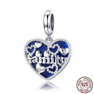 Family Blue Heart Dangle Charm, S925 Silver Stamped, fits Pandora,